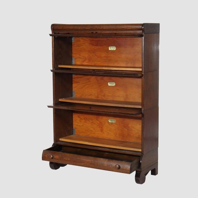 1910s Arts & Crafts Lundstrom Oak 3-Stack Barrister Bookcase With Drawer C1910 For Sale - Image 5 of 9