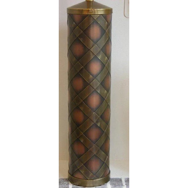 Great design for this pair of lamps, handmade in copper with crisscross decoration in brass with adjustable original...