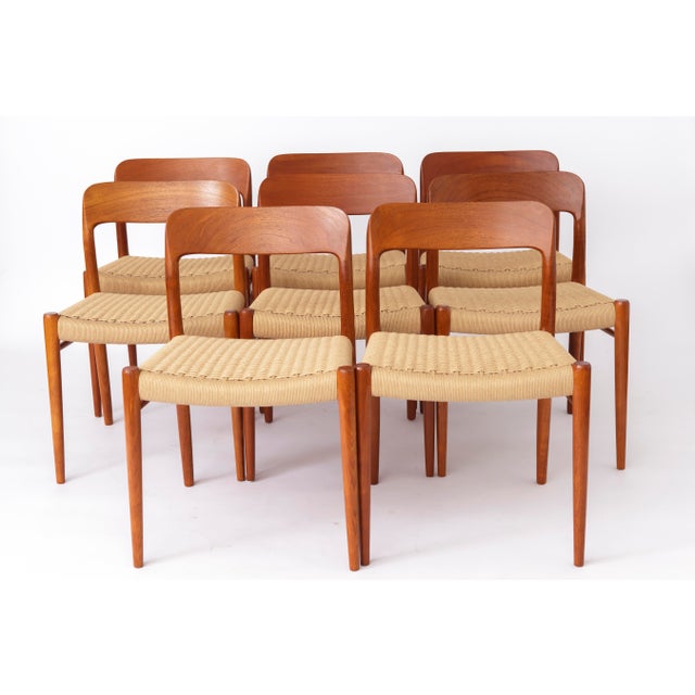 Large Danish Teak Dining Chairs Model 75 with Papercord Seats by Niels Otto (N. O.) Møller for J.L. Møllers, 1950s, Set of 8 For Sale - Image 3 of 12