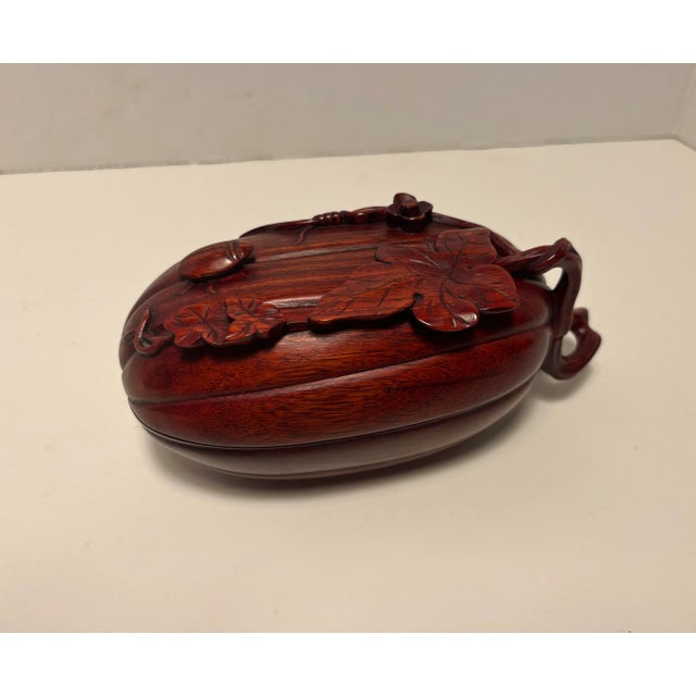 RARE Vintage Solid Red Wood Hand Carved Pumpkin Box Ornate 3D Lid Aprox. dimensions: 6.5"L x 3"D x 3"W Very good original...
