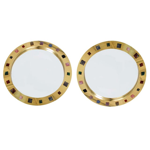 Modern circular Spanish mirror designed by L.A. Studio. Made of brass frame with pyramidal semi precious stones inlaid,...