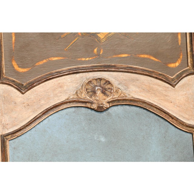 French 1950s Painted Trumeau Wall Mirror With Floral & Instrument Motif | Carved Wood Frame For Sale - Image 9 of 18