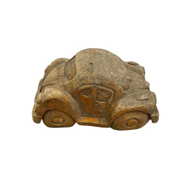 Mid-Century Modern Vintage Hand Carved Wooden Car Sculpture in the Style of a Volkswagen Beetle For Sale - Image 3 of 12