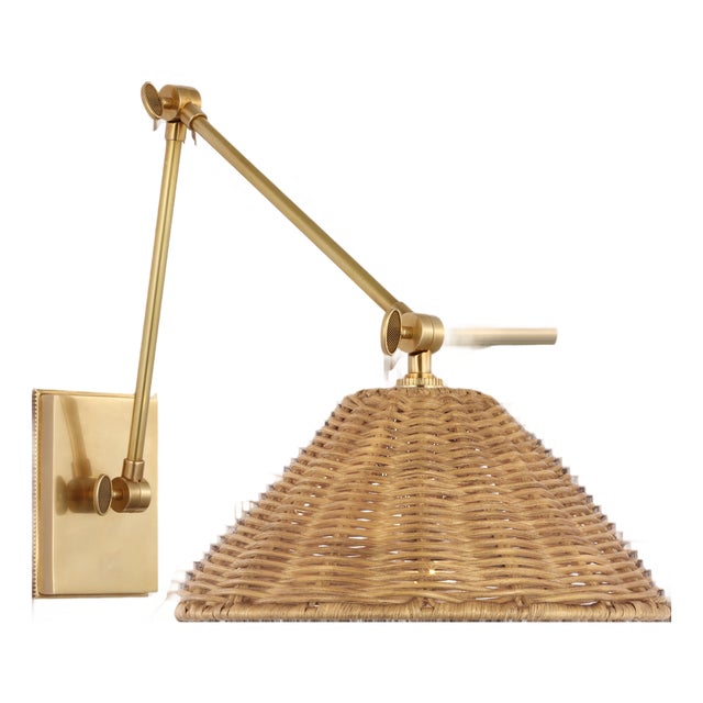 Marie Flanigan for Visual Comfort Signature Wimberley Double Library Wall Light in Soft Brass with Natural Wicker Shade For Sale