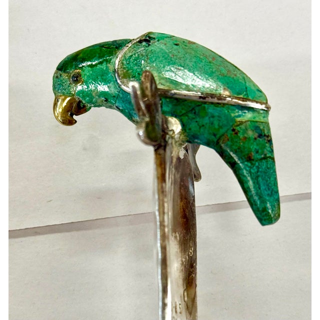 Mexican Set of Signed Emilia Castillo Silver Salad Servers With Malachite Parrots Rare - A Pair For Sale - Image 3 of 8