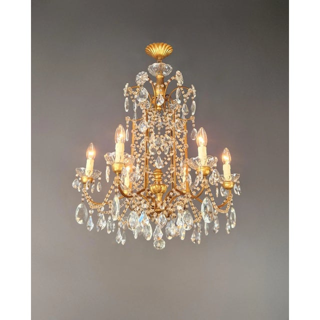 Art Deco Gilded Iron and Crystal Chandelier Italian Louis XVI Style Antique Neoclassical For Sale - Image 3 of 14