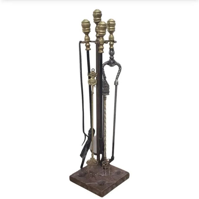 William IV Brass and Steel Fireplace Tools on Marble Stand, Set of 7, C. 1830s For Sale - Image 10 of 12