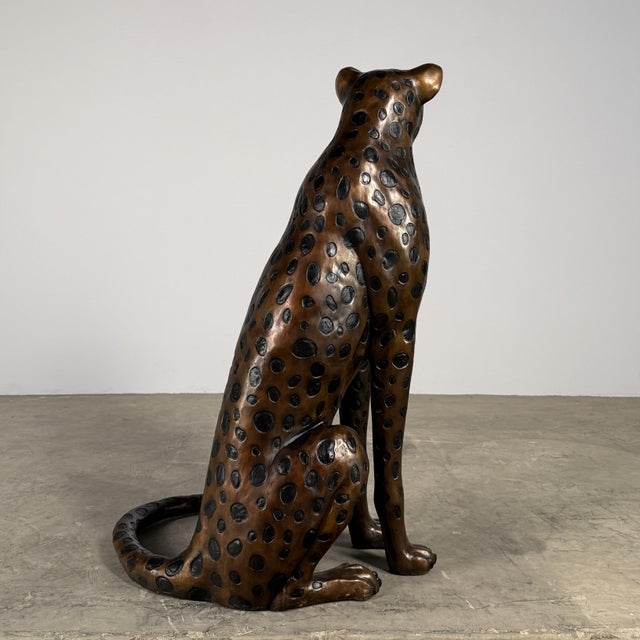 Bronze Large Bronze Cheetah Sculpture – Seated Spotted Leopard, 43” H Wildlife Art Statement For Sale - Image 8 of 11