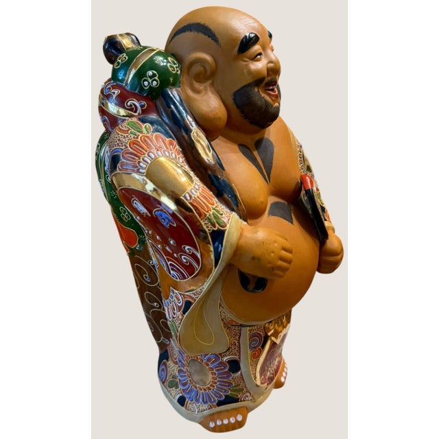 Antique Japanese Satsuma Hotei Okimono Uchiwa Fan Gilt Meiji Period 14.5" For Sale In Dallas - Image 6 of 15