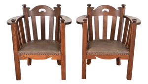 Stickley Brothers Style Antique Mission Oak Arts & Crafts Cube Club Chairs, Pair
