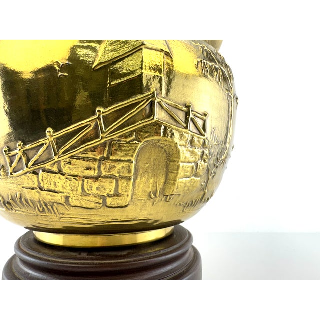 Mid 20th Century Hollywood Regency Chinoiserie Brass Table Lamp With Embossed Landscape Motif on Wood Base For Sale In Little Rock - Image 6 of 13