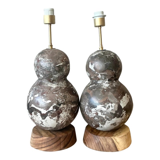 Vintage Boho Artisanal Scagliola Pigmented Plaster Gourd Lamps - A Pair For Sale