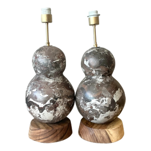 Vintage Boho Artisanal Scagliola Pigmented Plaster Gourd Lamps - A Pair