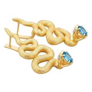 Massive Snake Earrings With Blue Topazes in Opened Mouth, Pair For Sale