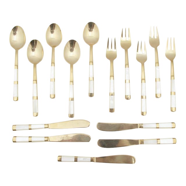 Mother of Pearl & Brass Thailand Flatware Small Spoon Fork & Knife Set of 15 For Sale