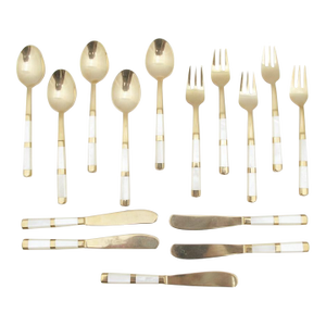 Mother of Pearl & Brass Thailand Flatware Small Spoon Fork & Knife Set of 15