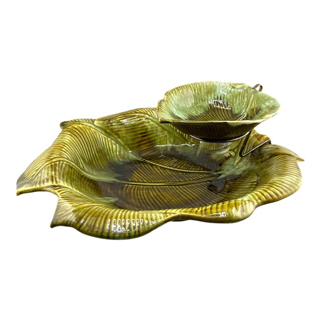 Vintage Mid-Century Maurice of California Green 3pc Leaf Crudite/Chip and Dip Bowl For Sale
