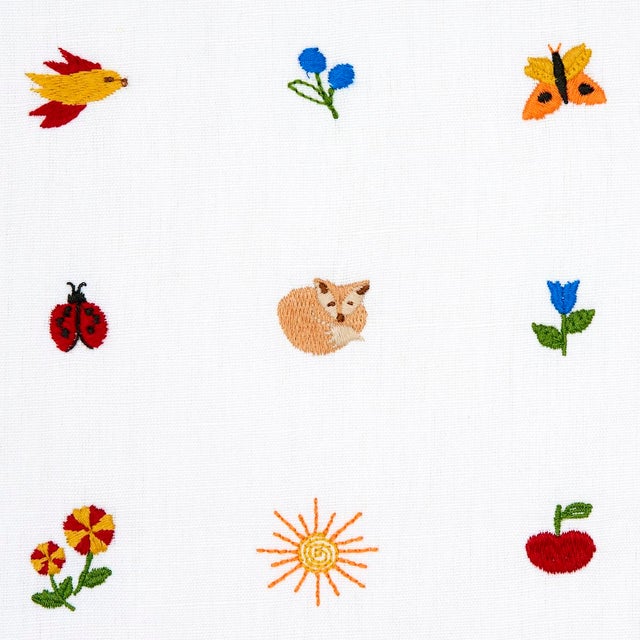 An airy small-scale pattern, multi-colored Tiny Things Embroidery is animated by a charming menagerie of woodland...