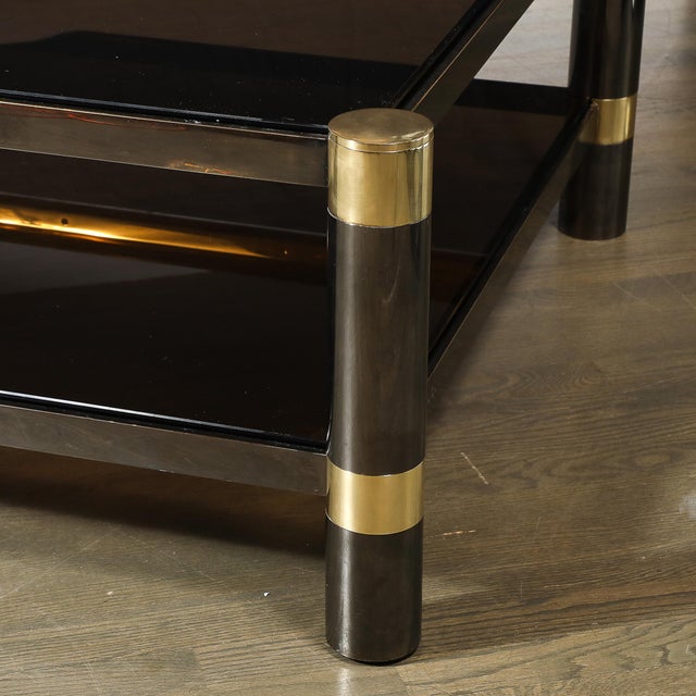 Mid-Century Signed Karl Springer 2-Tier Gunmetal & Brass Cocktail Table For Sale In New York - Image 6 of 13