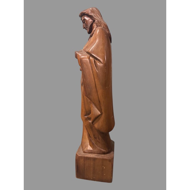 Religious Vintage Hand Carved Wooden 17" Statue Sculpture Sacred Heart of Jesus For Sale - Image 3 of 8