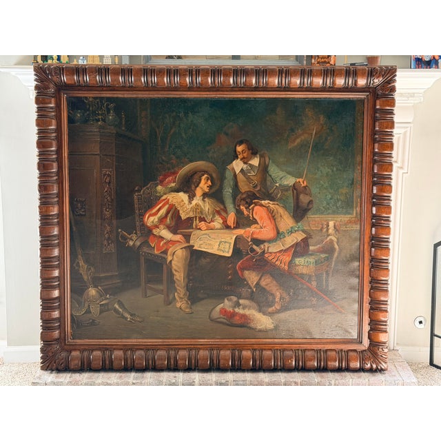 Large Antique European Cavalier Interior Scene Oil Painting in Carved Wood Frame For Sale - Image 12 of 12