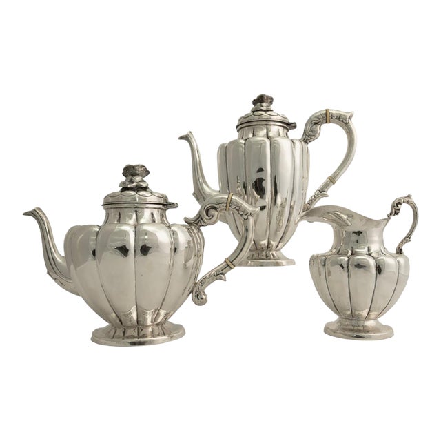 Antique Art Deco Sterling Silver L. Maciel Mexican 3 Piece Tea Coffee Set 1935 For Sale