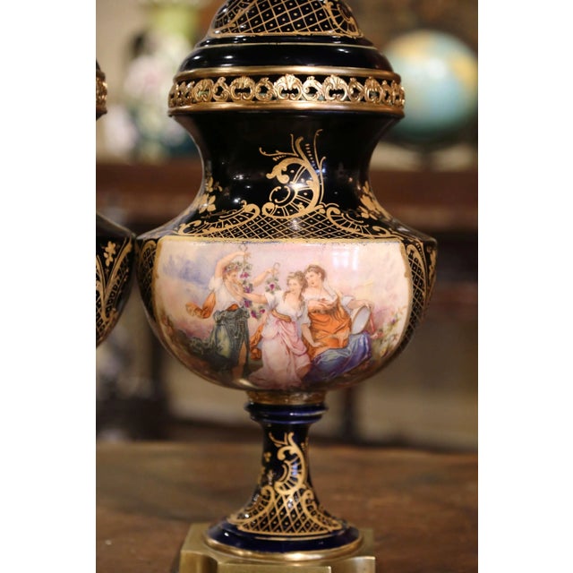 Pair of 19th Century French Sevres Royal Blue Porcelain & Bronze Covered Urns For Sale - Image 4 of 12