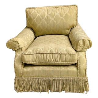 1980s Elegant Custom Made Gold Trellis Pattern Deep Seat Armchair With Bullion Fringe and Slip Covers For Sale