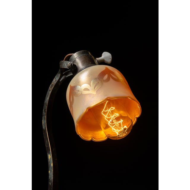 Metal Early 20th Century Art Nouveau Cast Iron Desk Lamp With Frosted Opalescent Stenciled Shade For Sale - Image 7 of 12