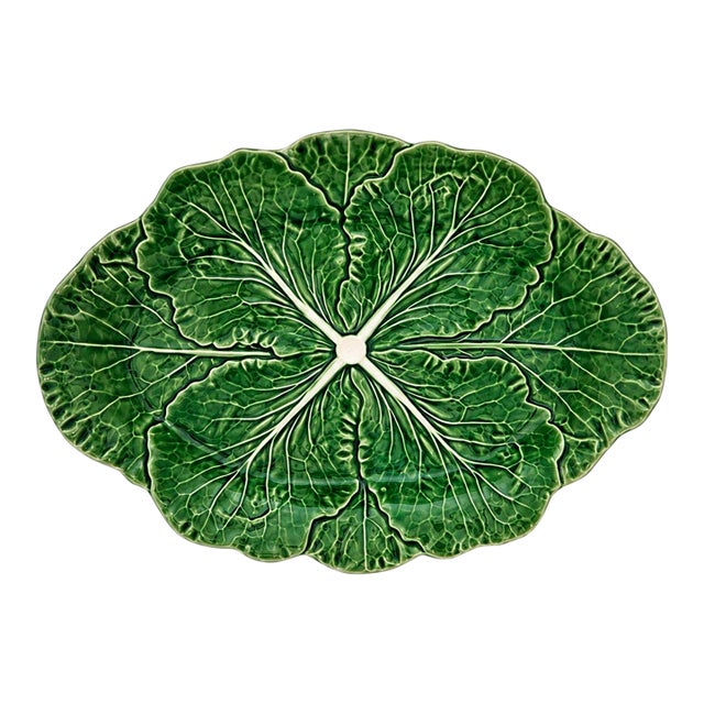 Vintage Bordallo Pinheiro Majolica Cabbage Leaf Serving Platter For Sale
