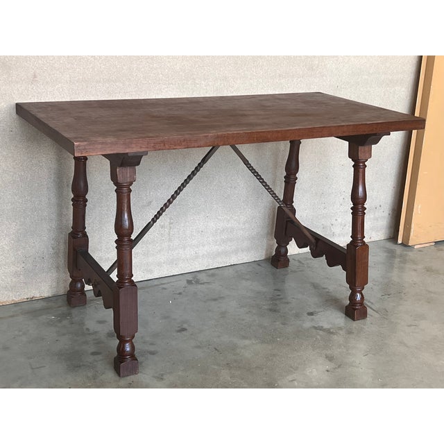 19th Spanish Side Table With Cared Turned Legs and Iron Stretcher For Sale - Image 4 of 11