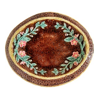 Antique 19c Majolica Bread Platter Faux Bois and Floral C1880 For Sale