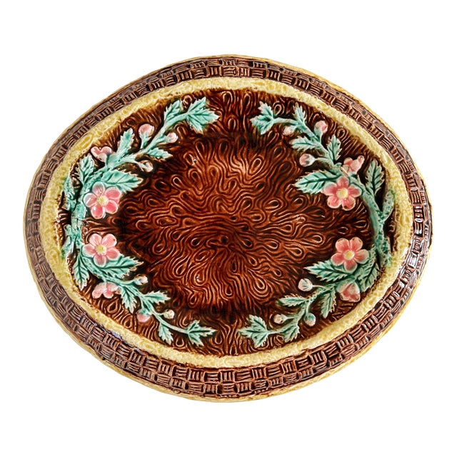 Antique 19c Majolica Bread Platter Faux Bois and Floral C1880 For Sale