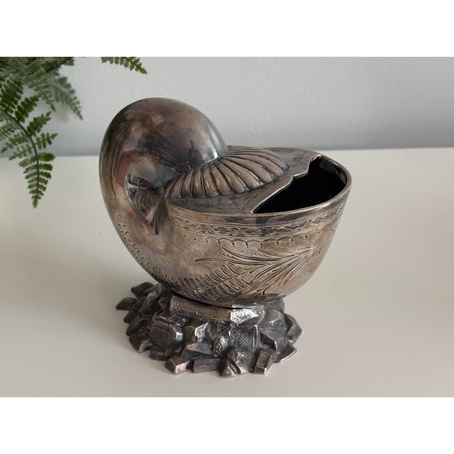 Metal Late 19th Century Victorian Silver Plated Nautilus Shell Spoon Warmer – Decorative Engraving For Sale - Image 7 of 12