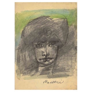 Mino Maccari, Portrait, Watercolor and Charcoal, Mid-20th Century For Sale