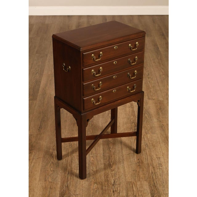 High Quality American Made Cherry Silverware Chest with Four Dovetailed Drawers and Brass Hardware on Stand with Stretcher...