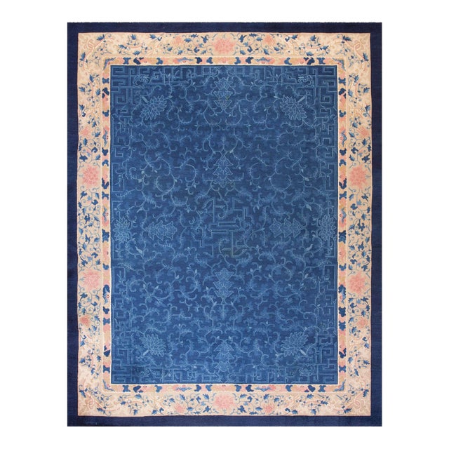 1920s Antique Chinese Peking Blue & Delicate Tone-on-Tone Floral Design Rug For Sale
