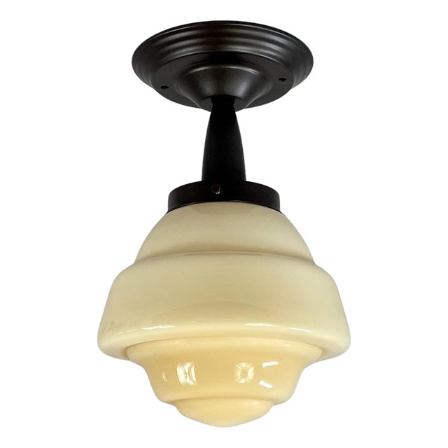 Art Deco Flush Mount in Burnished Brass and Cream Opaline Glass, 1940s For Sale