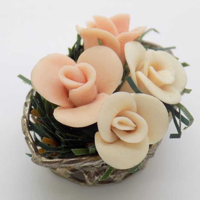 Traditional Vintage Italian Handmade Silver & Salt Dough Flower Basket Dollhouse Miniature For Sale - Image 3 of 8
