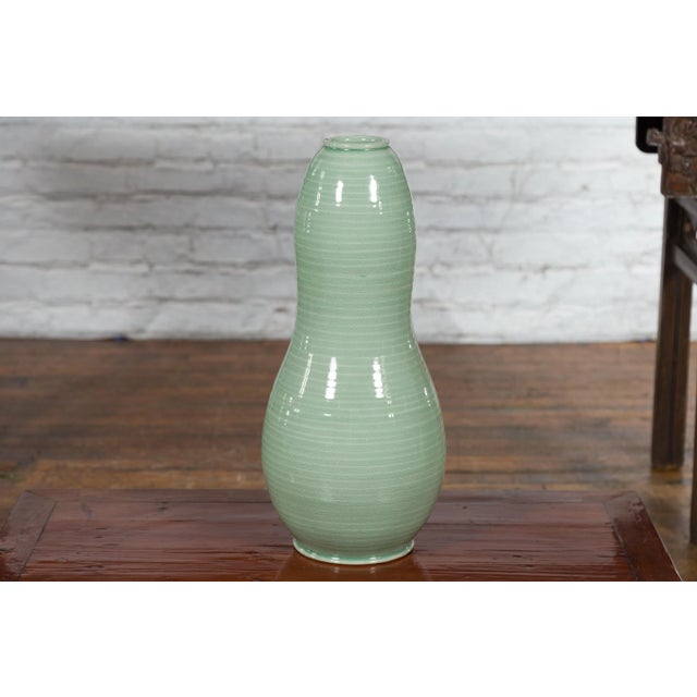 Large Prem Collection Chiang Mai Gourd-Shaped Vase with Green Glaze For Sale - Image 4 of 13