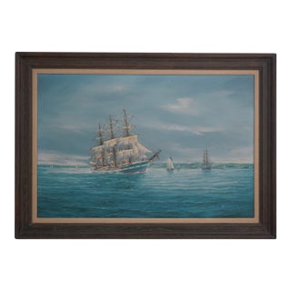 Vintage Tall Sailing Ships Oil Painting on Canvas of Chesapeake Bay Signed For Sale