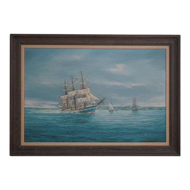 Vintage Tall Sailing Ships Oil Painting on Canvas of Chesapeake Bay Signed For Sale