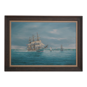 Vintage Tall Sailing Ships Oil Painting on Canvas of Chesapeake Bay Signed