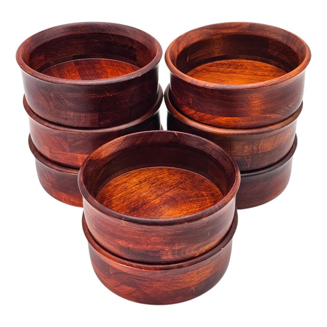 Wood Mid-Century Hand Turned Solid Cherry Wood Bowl Set — Eight 7" Serving Bowls For Sale - Image 7 of 13