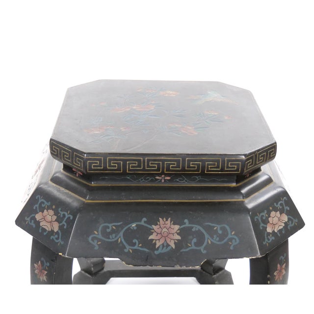 Paint Pair of Chinese Chinoiserie Lacquered & Painted Side Tables, Circa 1970 For Sale - Image 7 of 14