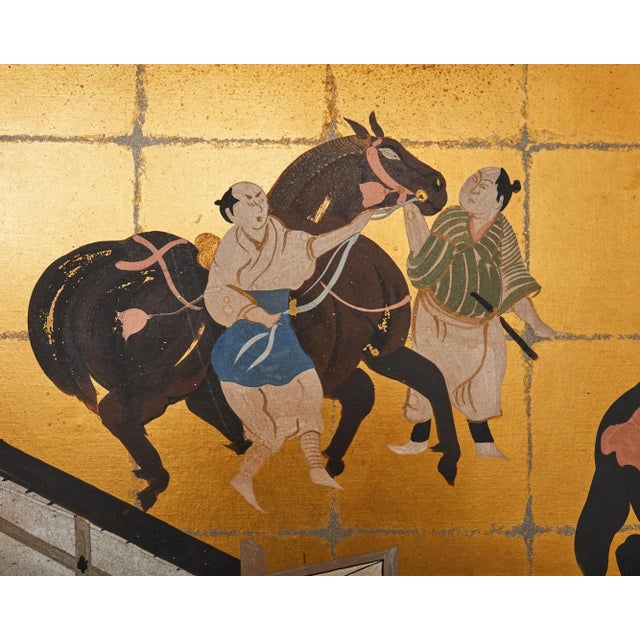 Japanese Style Three Panel Screen Equestrian Samurai Compound For Sale - Image 10 of 12