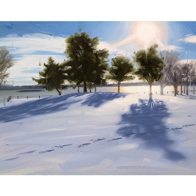 In "First Tracks," a serene winter landscape unfolds, showcasing a blanket of untouched snow glistening under a bright...