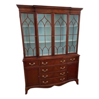 Circa 1940s - 50s. Flamed Mahogany Breakfront China Closet Cabinet Bookcase, For Sale