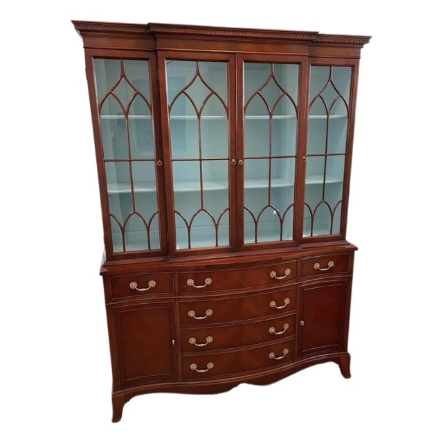 Circa 1940s - 50s. Flamed Mahogany Breakfront China Closet Cabinet Bookcase, For Sale