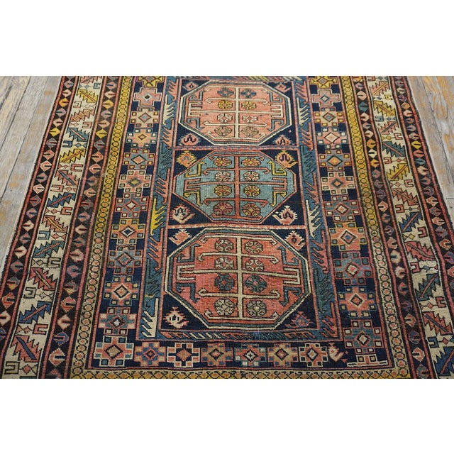 Textile 1930s Blue Geometric Tribal Antique Caucasian Shirvan Carpet 4' X 4'6'' Knotted Wool Rug For Sale - Image 7 of 11